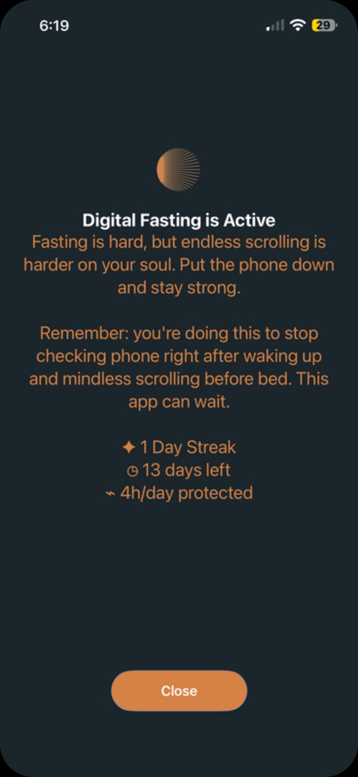 NURU block screen: Digital Fasting is Active, with a 1 day streak, 13 days left and 4 hours a day protected