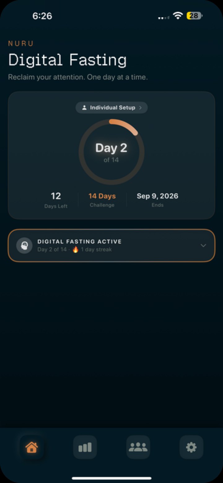 NURU Today screen: Digital Fasting, day 2 of a 14-day challenge, 12 days left, ends September 9